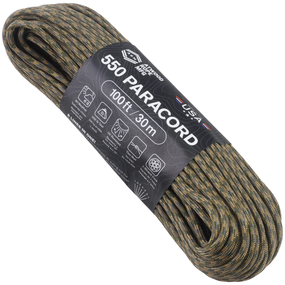 atwood rope 550 paracord mil spec originale M CAMOUFLAGE ATWOOD Rope 550 paracord - 30 metri - M Camouflage - immagine 1